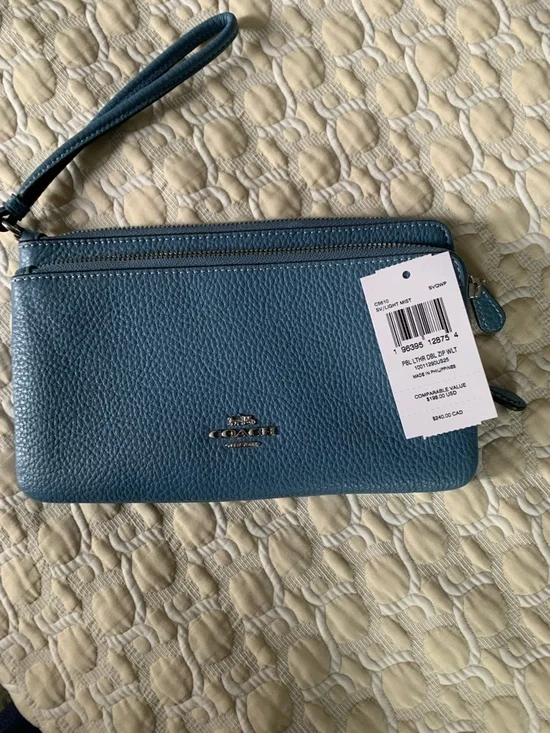Coach Pebbled Leather Zip Wallet in Dusty Blue with Silver Logo - Picture 12 of 12